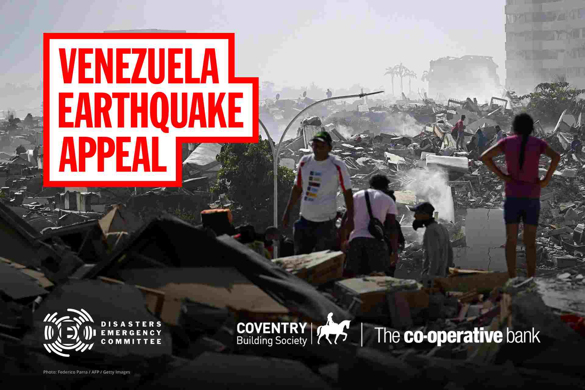 Venezuela Earthquake appeal - Disasters Emergency Committee, Coventry Building Society and The Co-operative Bank logos